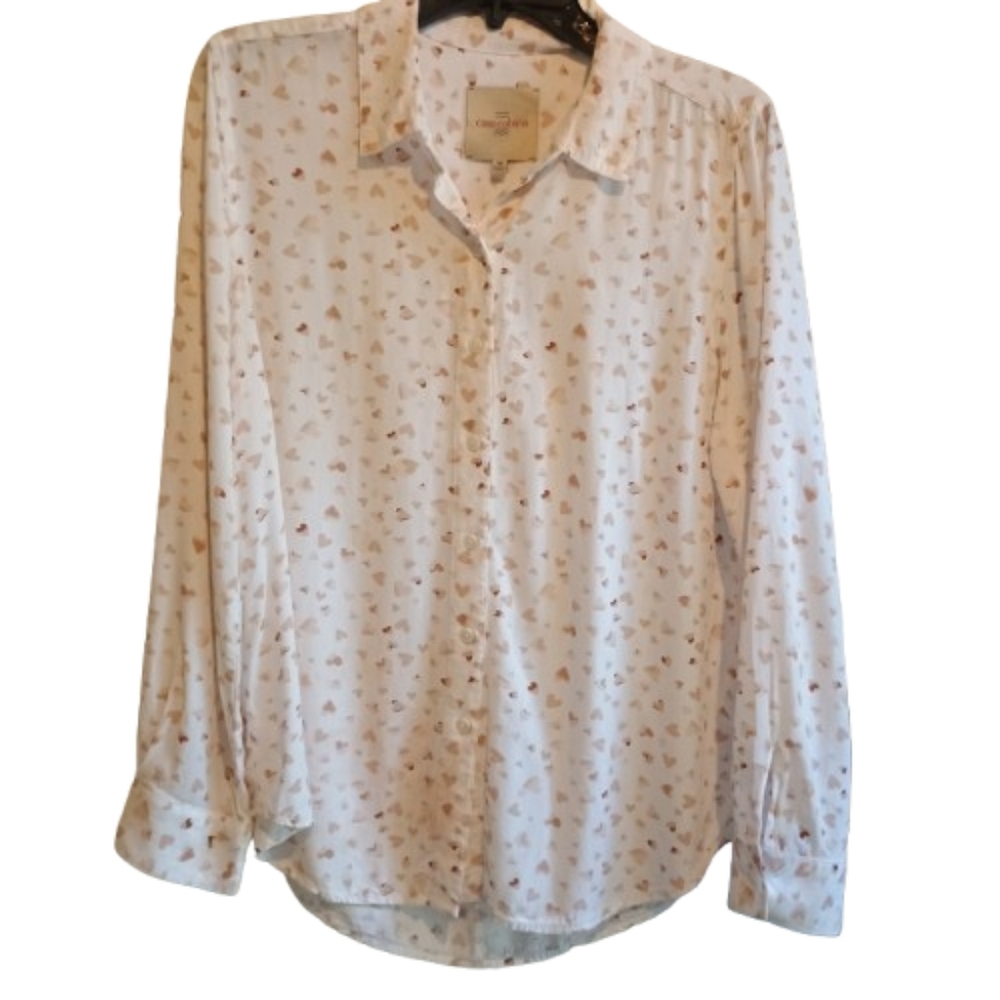 Casa Cabana Heart Print Button Down‎ Shirt Women's Medium Blush Pink Romantic